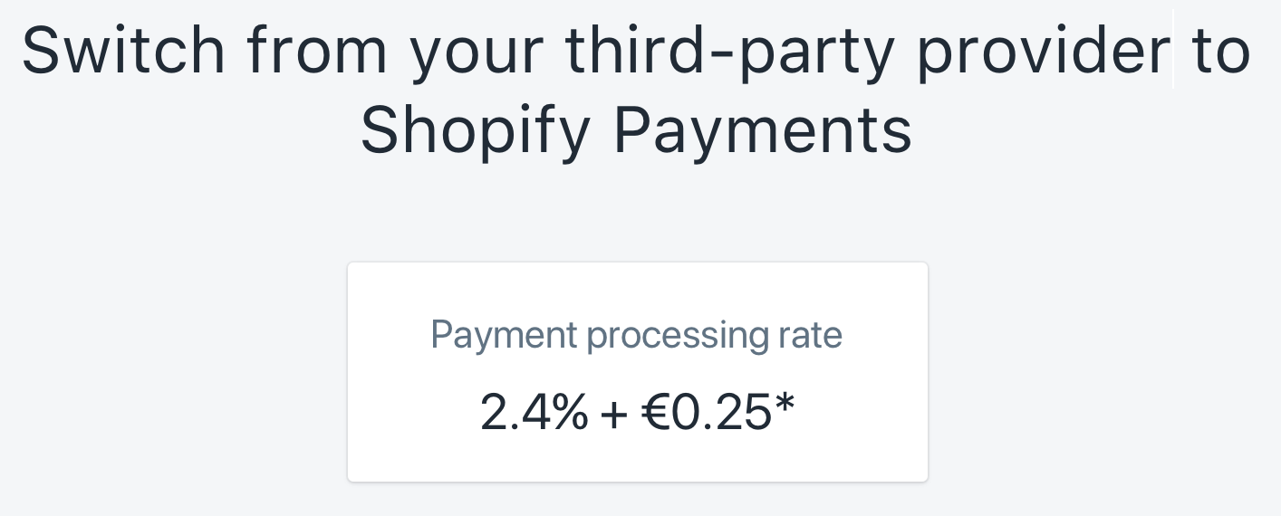 Title that says, switch from your third party provider to shopify payments, with a card below that says, payment processing rate of 2.4% plus 0.25 euros”