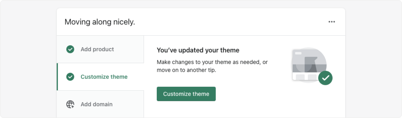 An admin homecard with a small illustration next to some text describing how to customize a theme.