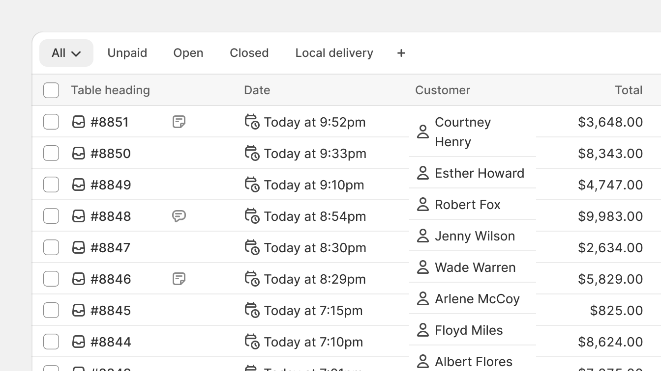 A series of inbox icons in a table with all the orders.