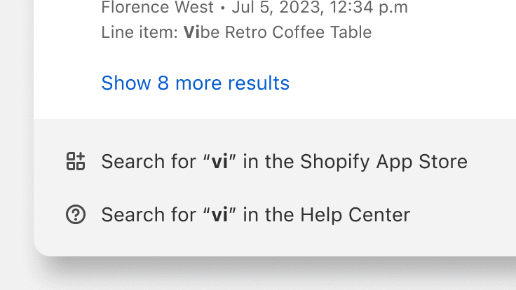 Shopify admin search search results with an example of an icon being used as a decorative element