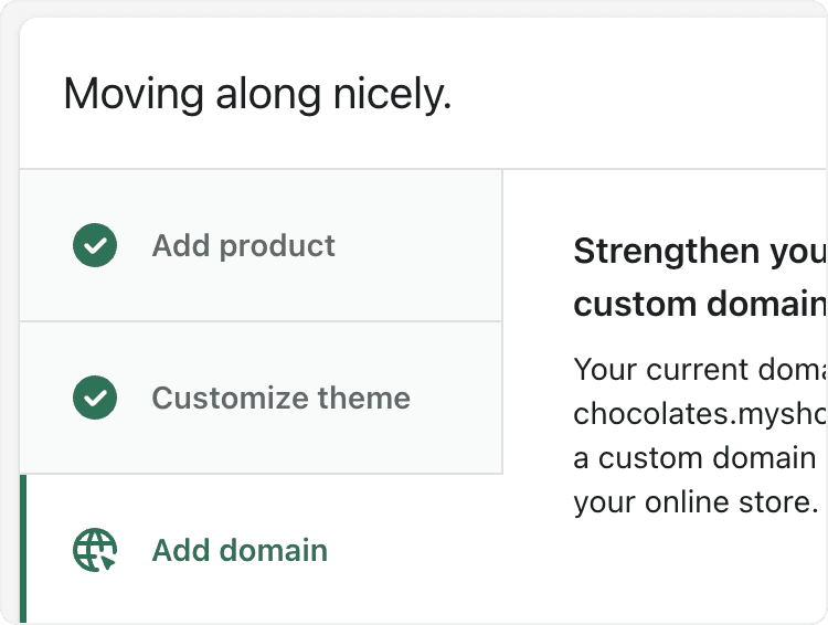A home card with separate tabs for adding a product, customizing a theme, and adding a domain