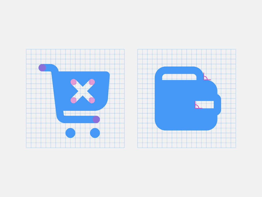 A shopping cart icon with the stroke terminals being highlighted, and a wallet icon with cutouts and intersection angles highlighted.