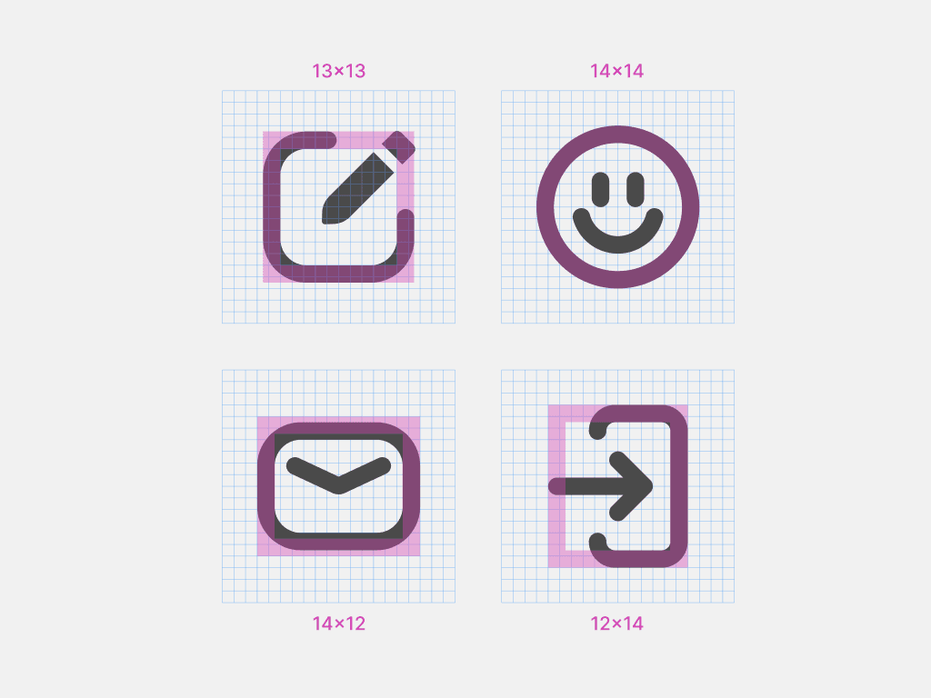 Four icons that fit inside the following grids: 13x13 pixels square, 14x14 pixels circle, 14x12 pixels rectangles, horizontal and vertical.