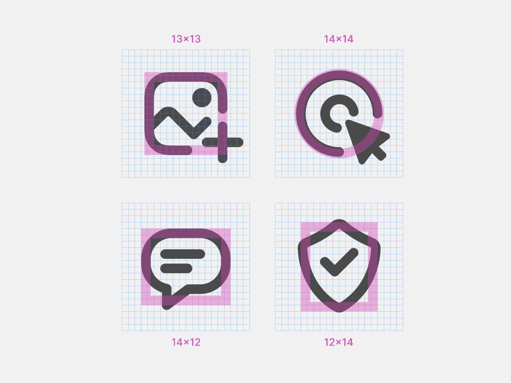 Four icons that stick our slightly from the the following grids: 13x13 pixels square, 14x14 pixels circle, 14x12 pixels rectangles, horizontal and vertical.