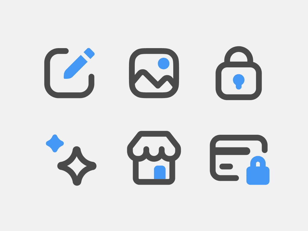 Six outline icons with small filled object highlighted, like a credit card that is made out of outlines and an icon that is filled.