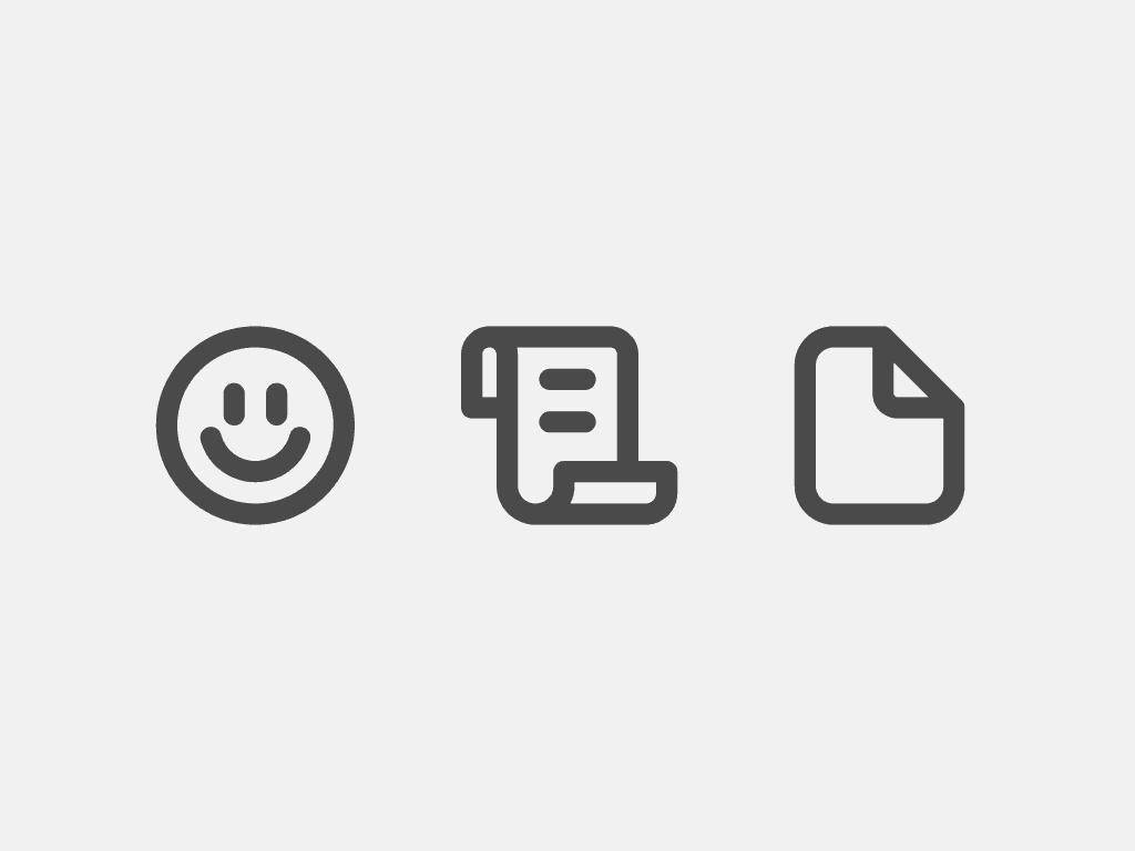 Three simple icons made with simple geometric shapes representing a smile, a scroll and a page
