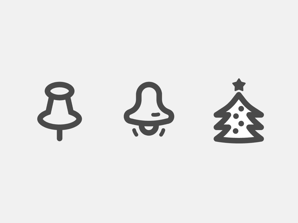 Three icons made with organic shapes and small details representing a pin, a bell and a christmas tree.