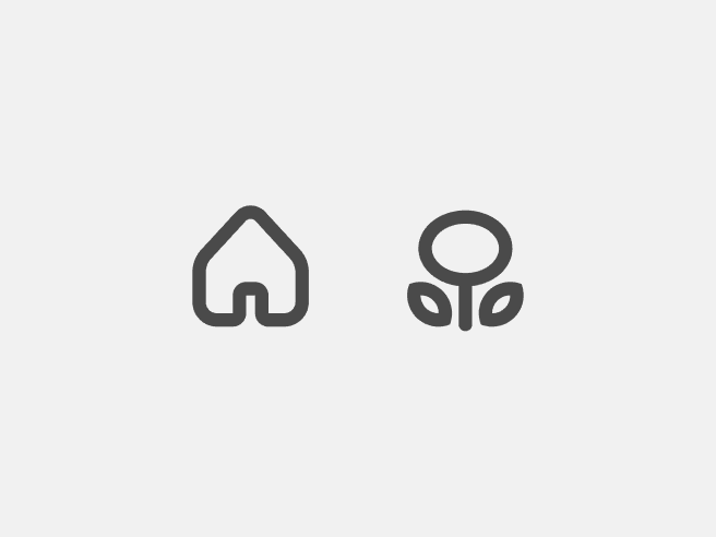 Two icons made with basic geometric shapes representing an house and a flower.