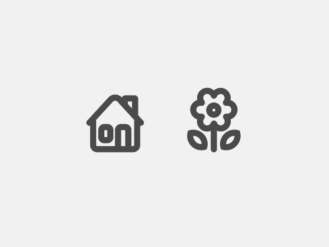Two detailed icons representing an house and a flower.