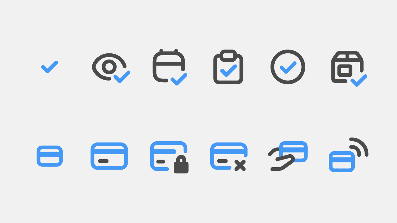On top: a series of icons using the same check mark element. At the bottom: a series of icons using a credit card represented consistently.