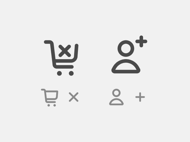 Left: an icon composed with a shopping cart and an x sign. Right: an icon composed with a person and a plus sign.