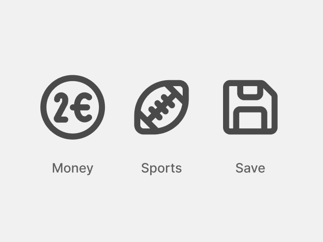 An icon with a 2 euro coin representing the concept of “Money”; an icon with an american football representing the concept of “Sports”; and a floppy disk representing the concept of “Save”.