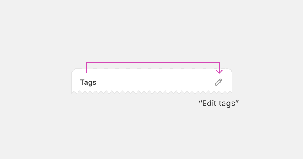 A card with tags as card title and a header action. The header action has a pen icon only, but no label. The action conveys that it’s an edit action, and leverages the card title to make it clear what is being updated.