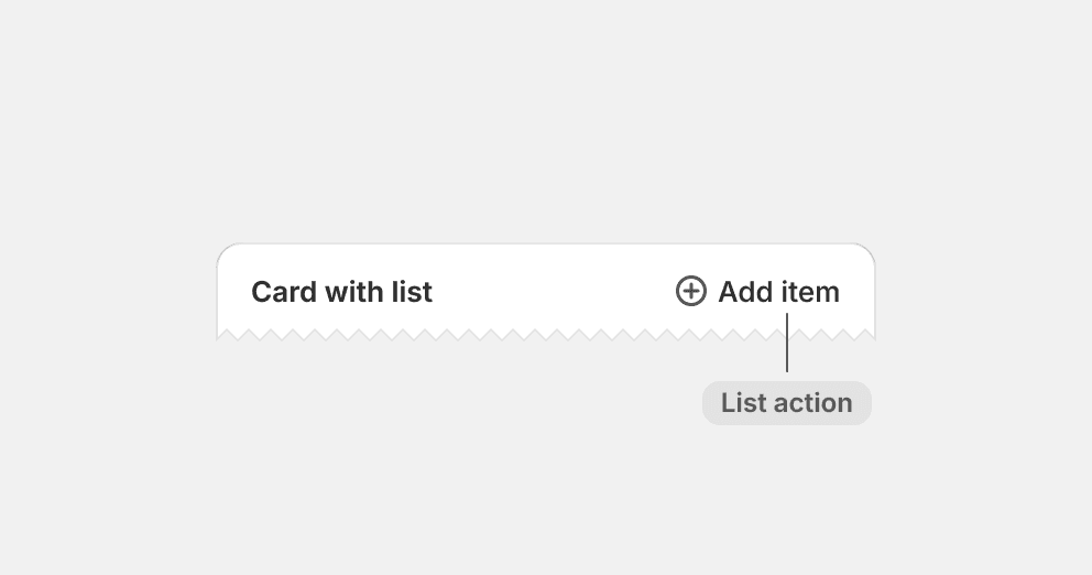 A card showing an add item list action being placed in the card header.