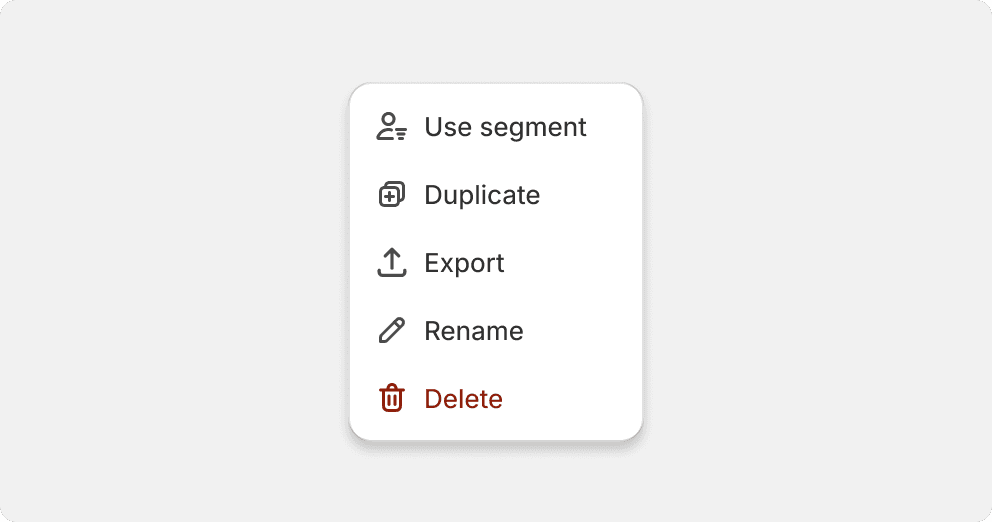 A list of action with a delete action at the bottom using the destructive styling along with the "delete" icon.
