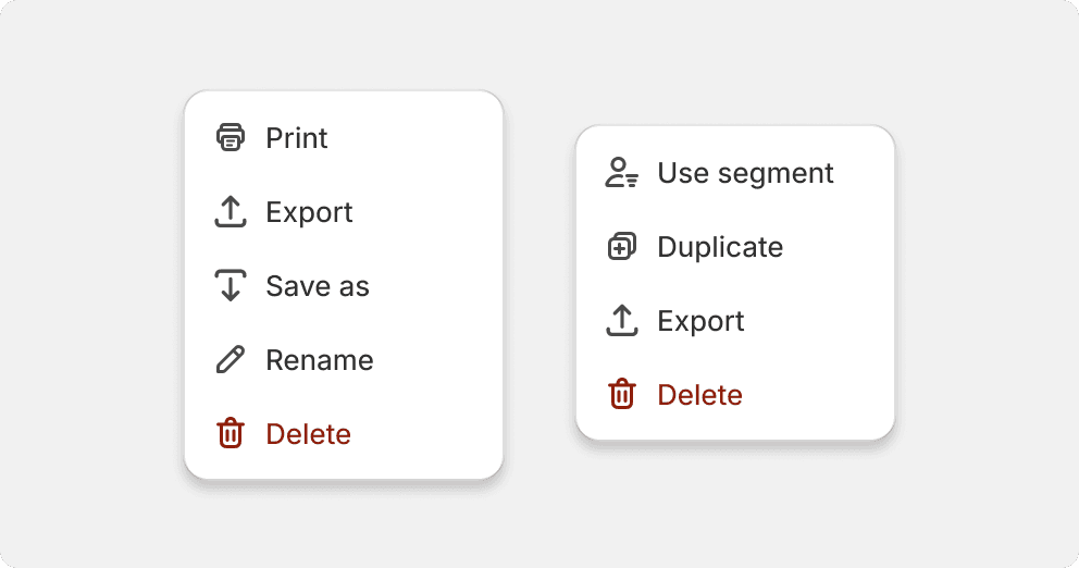 A list of action with a delete action at the bottom using the destructive styling along with the "delete" icon.