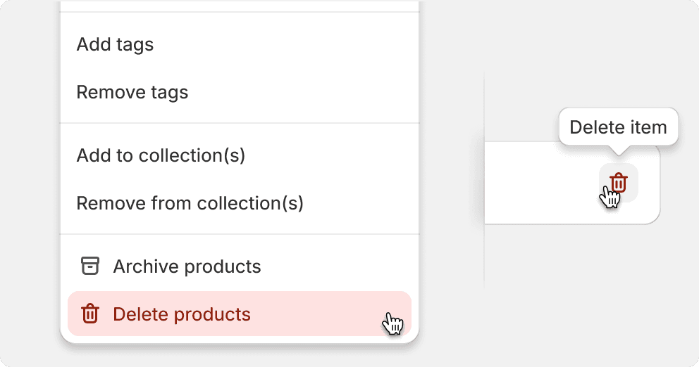 Two icon only delete buttons with one in a hover state with a "Delete item" tooltip displayed.
