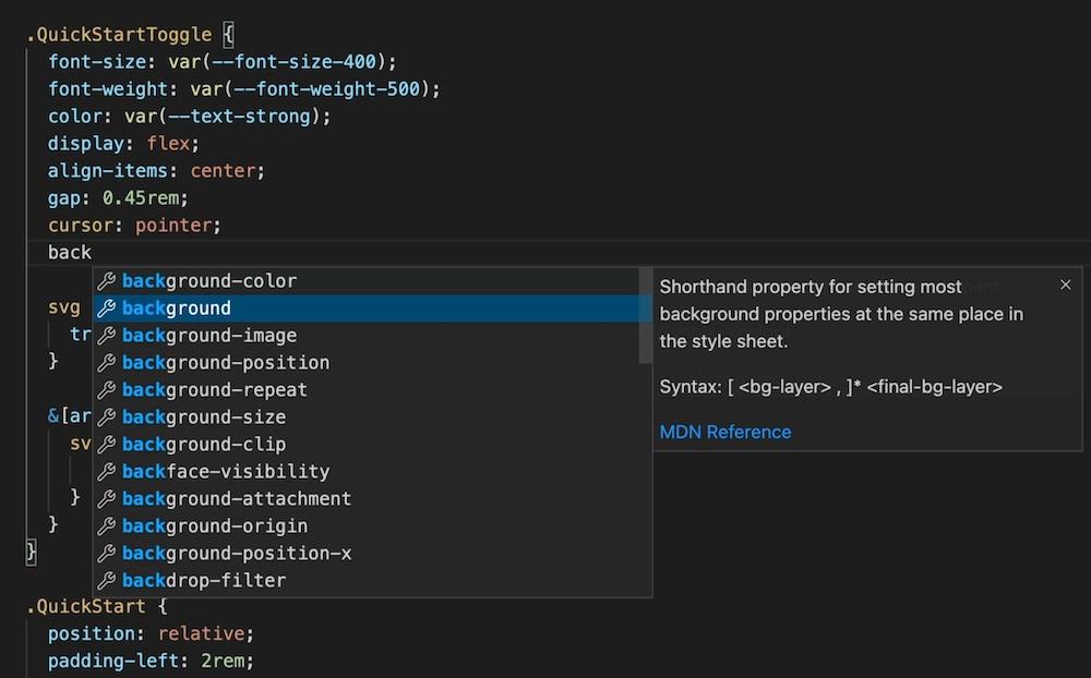 Screen shot of the Polaris VS Code extension actively autocompleting the value of a background CSS rule with the surface success design token.