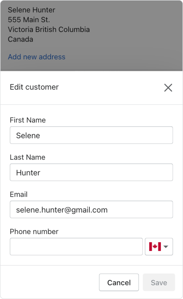 modal where merchants can edit customer information