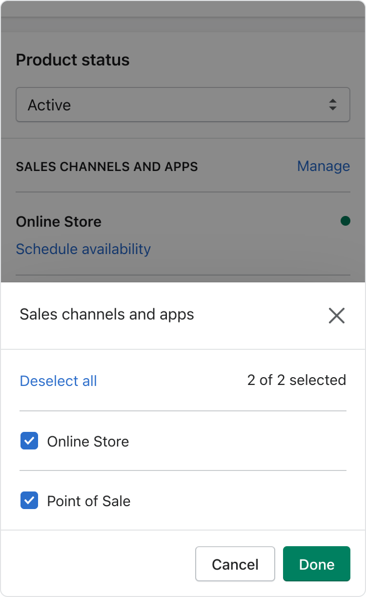 modal where merchants can select sales channels