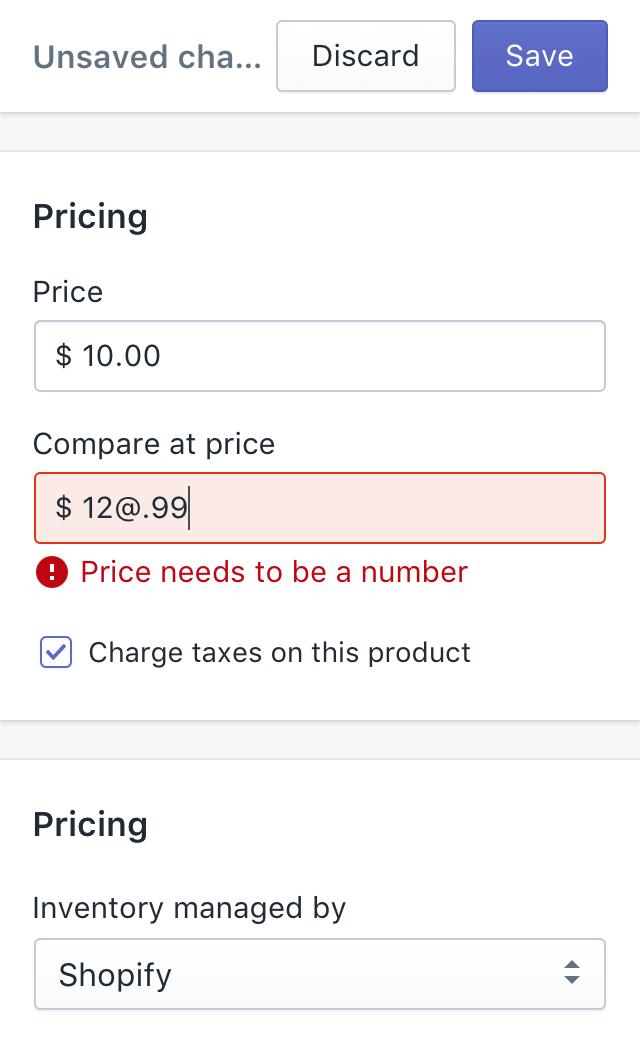 Validation error for a price entry field