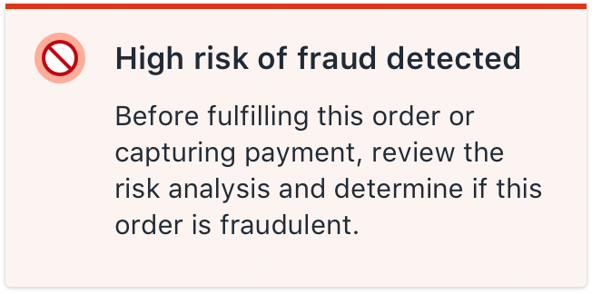 Red banner with high fraud risk message