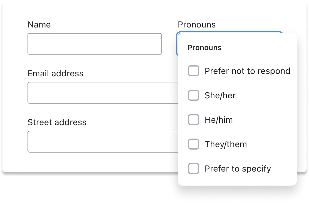 Pronouns form field with only two options: “She/her” and “He/him”.
