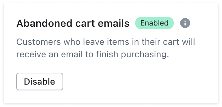 Setting toggle for abandoned carts with a status label that says “Off”. Action button is labeled “Turn on”.