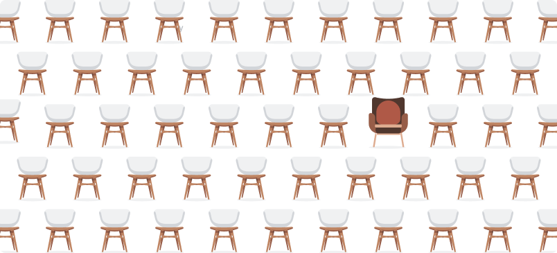 Illustration of dozens of chairs of the same kind and a single chair of a diverent kind.