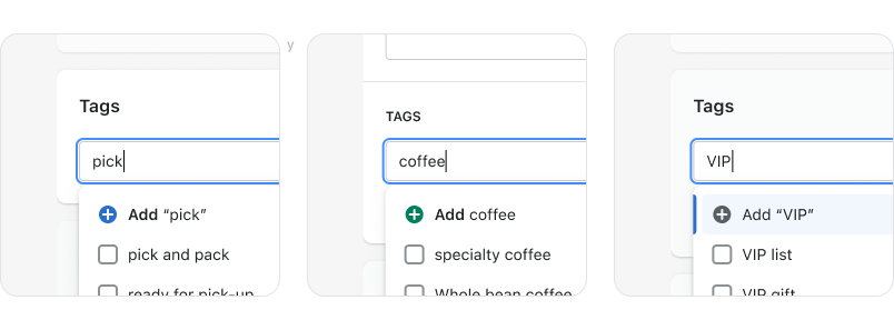 Illustration of three tag autocomplete inputs implementing the same pattern, but using different components.