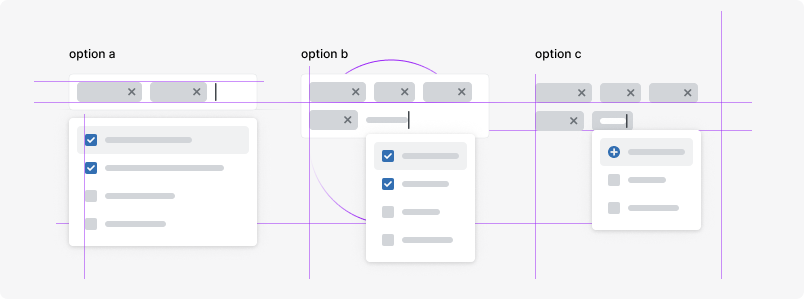 Illustration of three different ways to improve the design and experience of the tag autocomplete input.