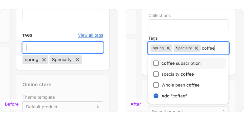 Illustration of before and after improving the design of the tag autocomplete.