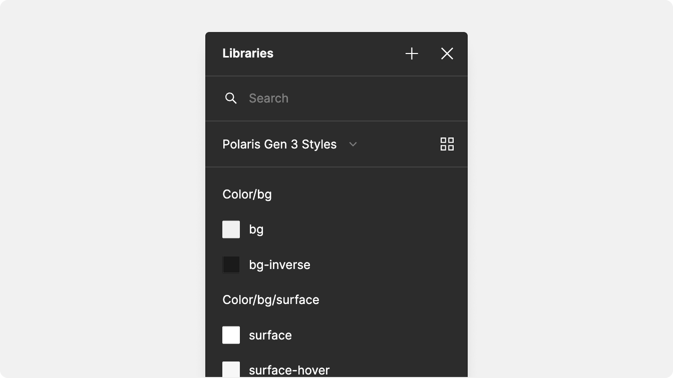 Screenshot of Figma color styles panel with the list of Polaris variables.