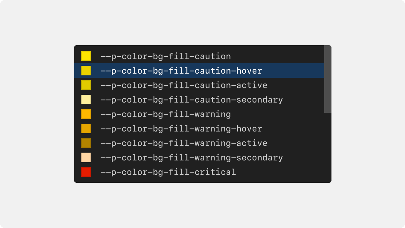 Screenshot of an autocomplete list of polaris react css color variables.