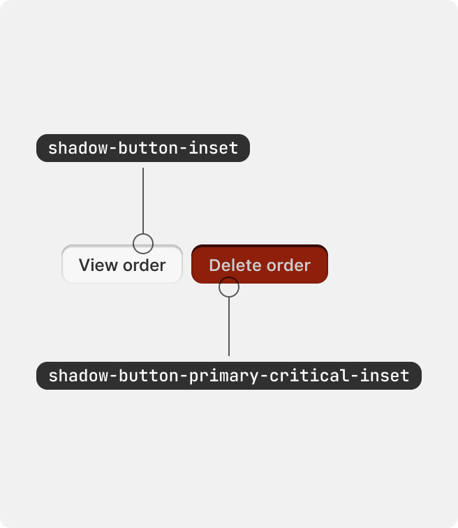 A shadow-button-inset token applied to a pressed default button and a
shadow-button-primary-critical-inset token applied to a pressed critical
button.