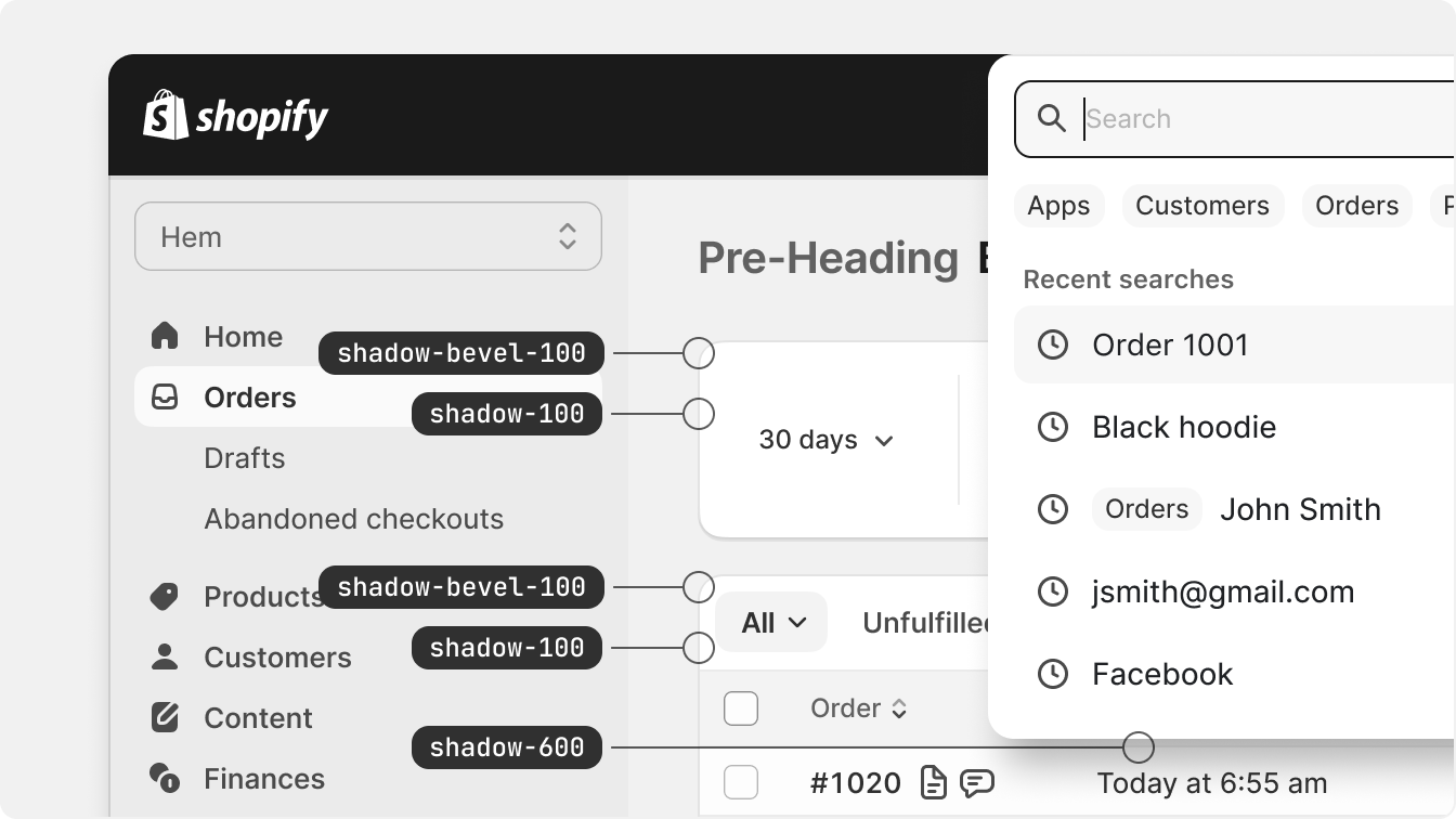 shadow-100 and shadow-bevel-100 tokens applied to cards and a shadow-600
token applied to a search
overlay.