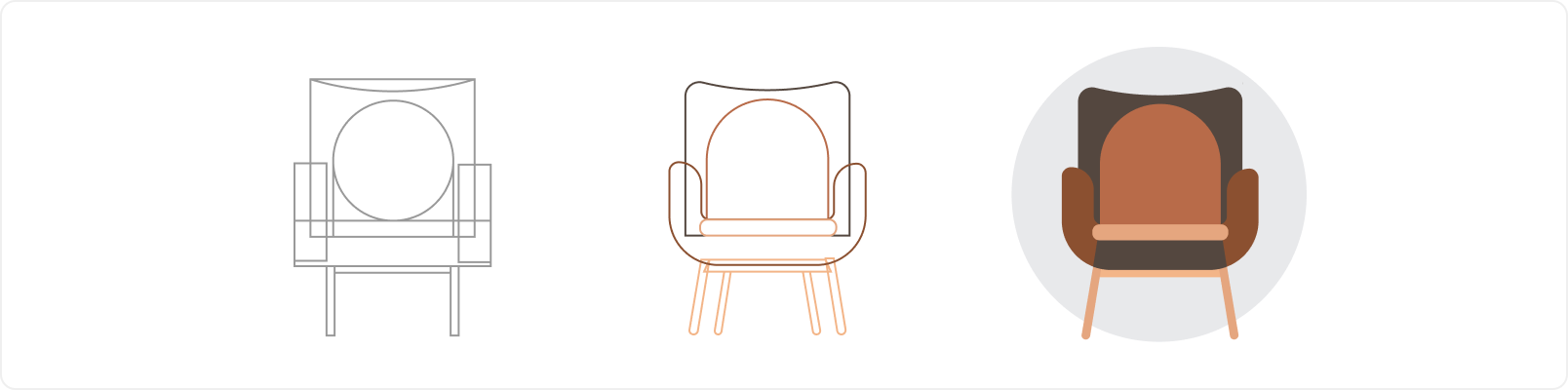 An stylized illustration of a chair with red lines defining its angles, next to an illustration of the profile of a person, with red lines to emphasize where curves are used.