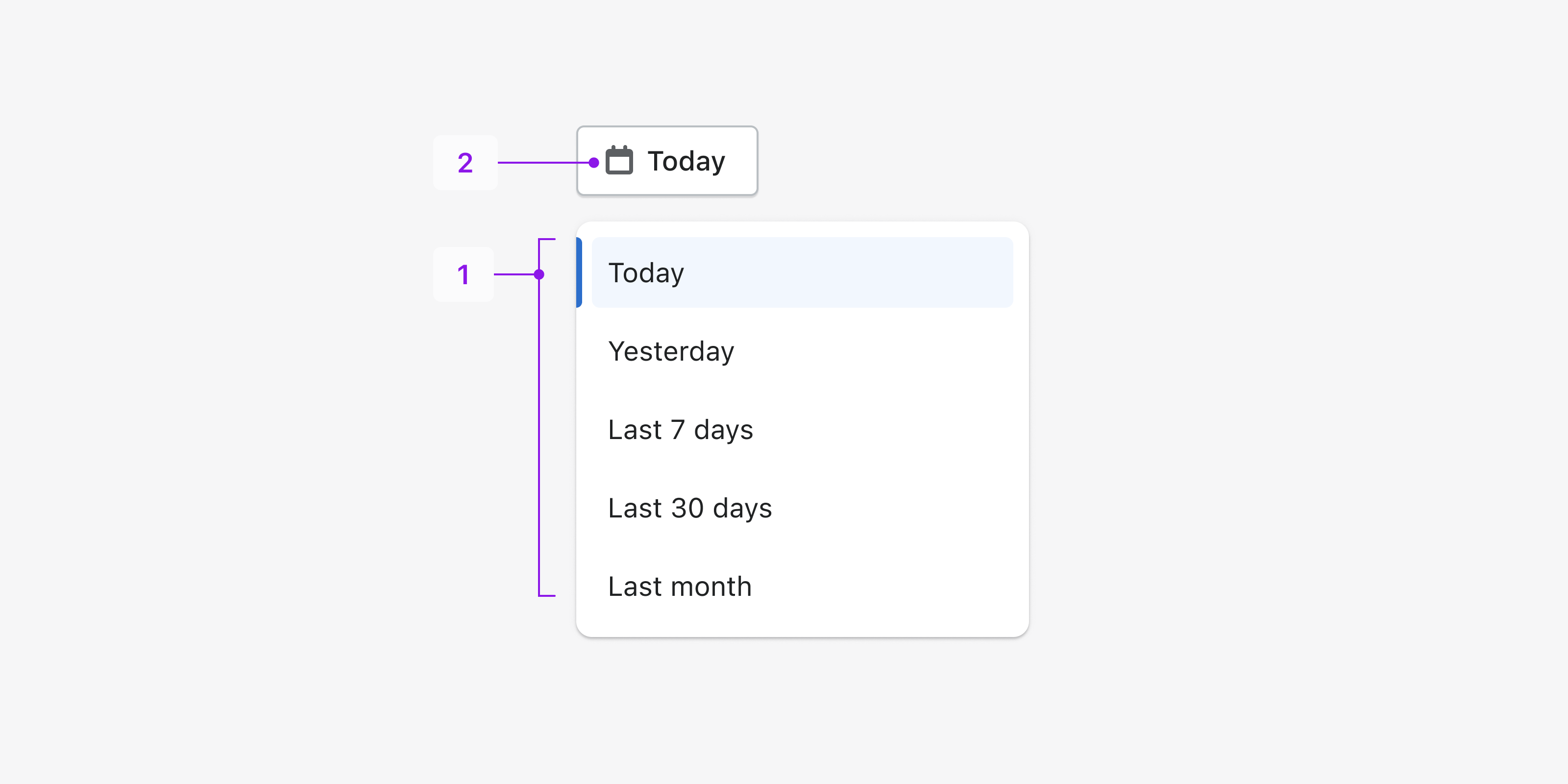 Option list with common suggested dates, such as “Today” and “Last 30 days”
