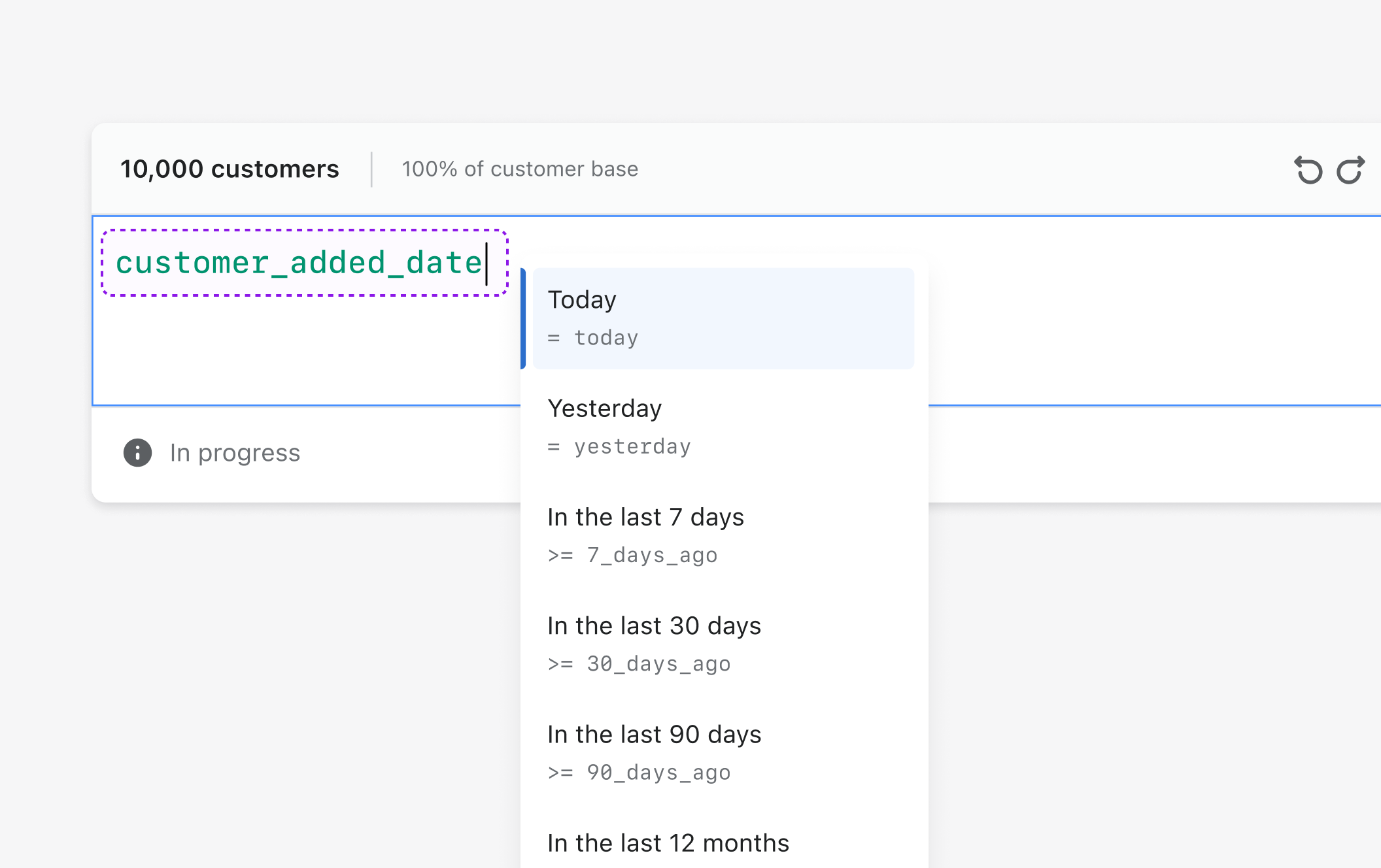 Customer segment editor with a date list showing common ranges and related code snippets