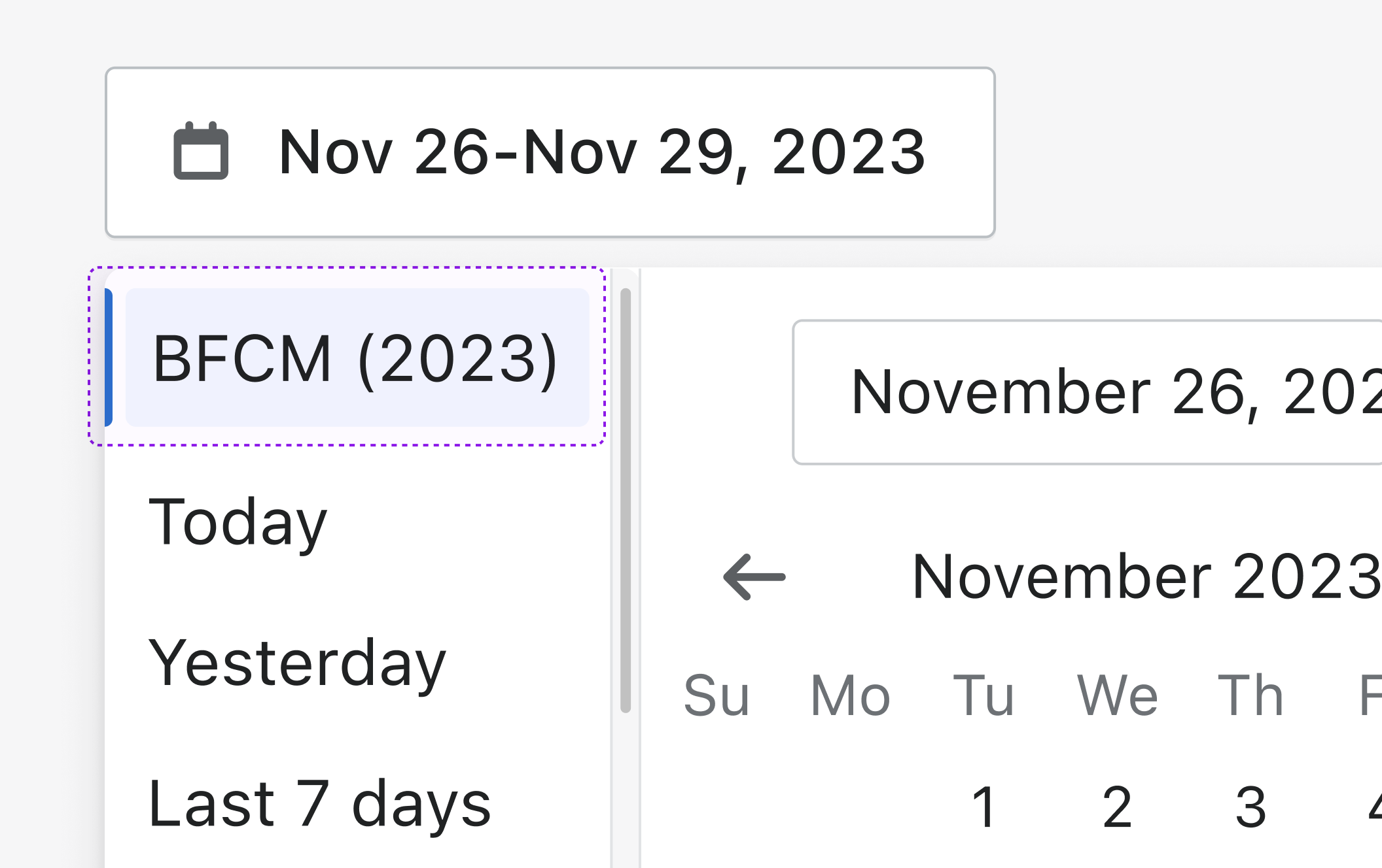 List of date options such as “BFCM (2023)”