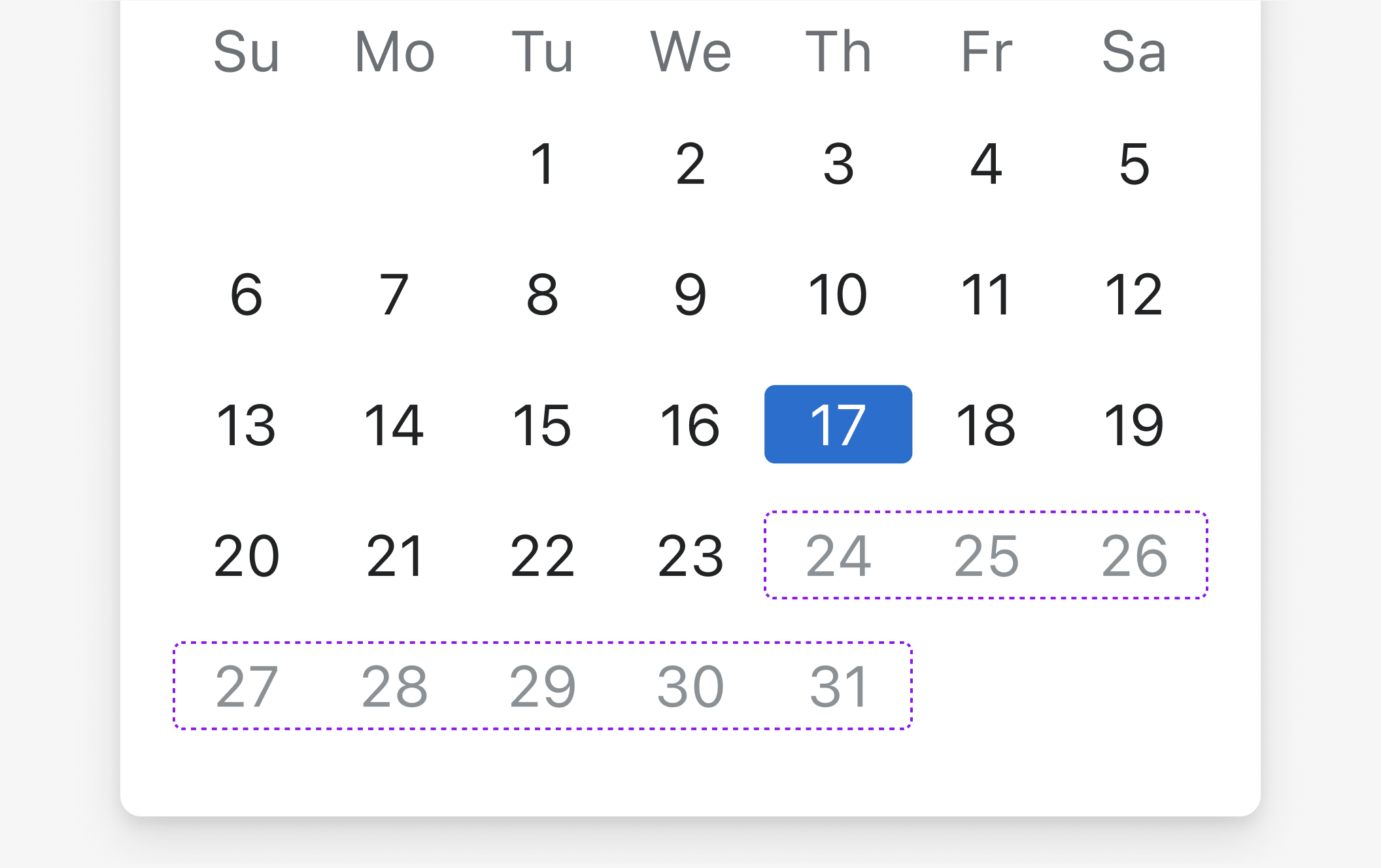 Single-month calendar with a range of unselectable dates