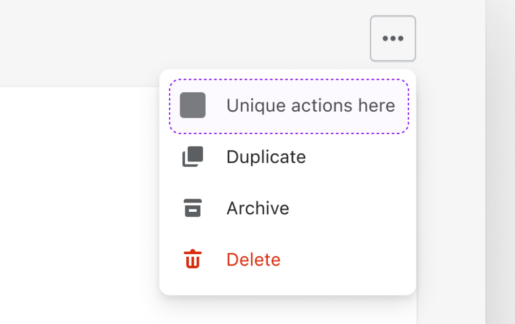 Popover with unique page actions placed at the top, and typical object actions placed at the bottom